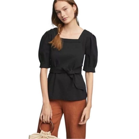 NWT Anthropologie Current Air Black Barnette Puff Sleeved Top Tie - Picture 1 of 5